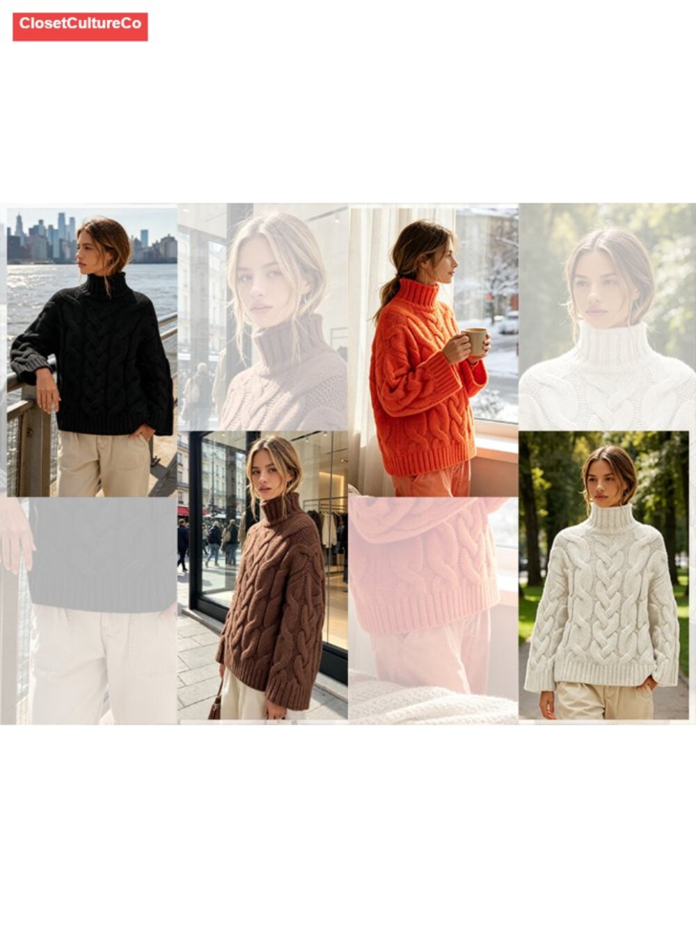 Chunky Cable Knit Turtleneck Sweater Oversized Fall Pullover - Picture 6 of 6